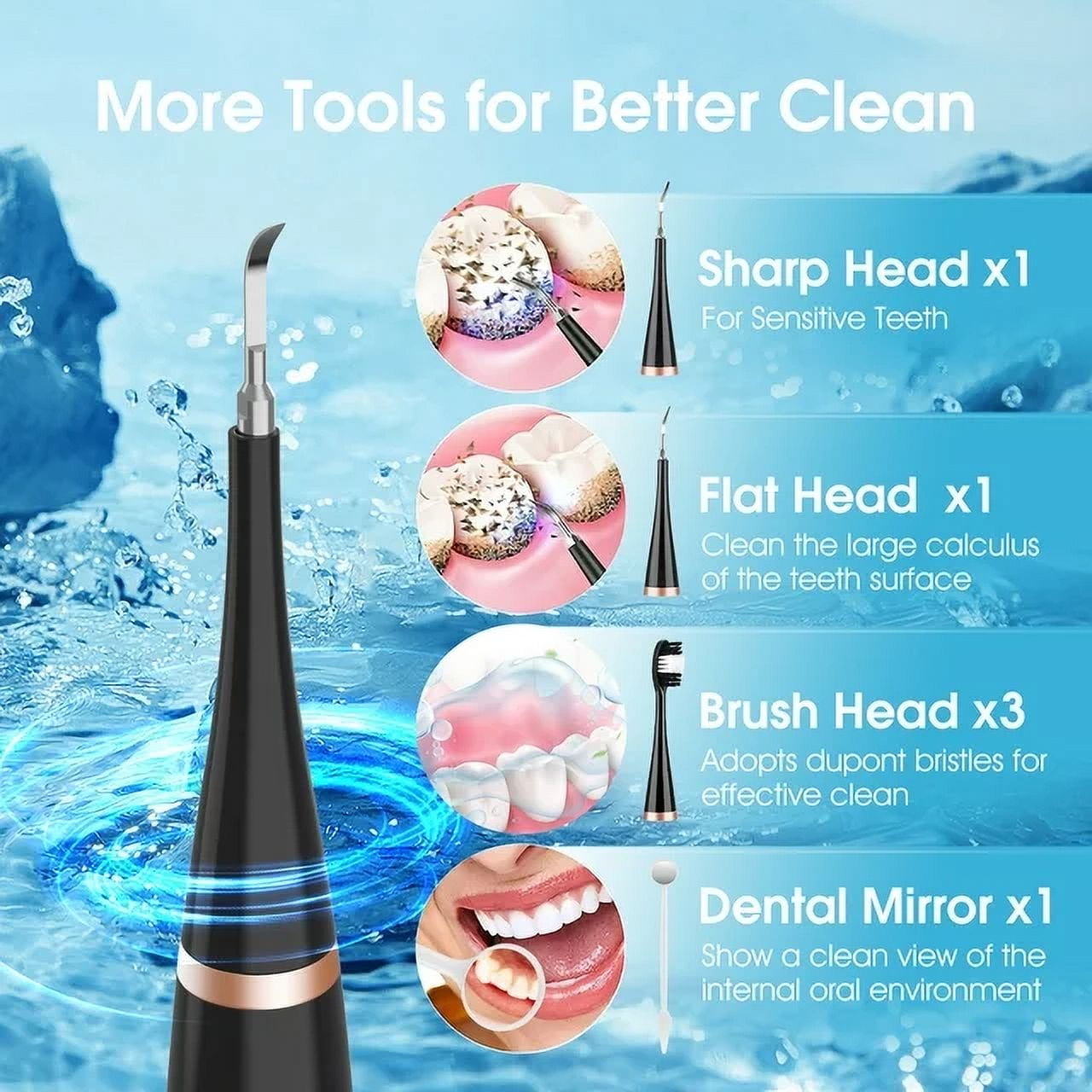 RUTAWZ Dental Tartar Calculus Plaque Remover with Mouth Mirror, Tooth Scraper Polisher with 2 Replacement Heads and 5 Modes, Professional Dental Scaler Teeth Cleaning Tool Kit