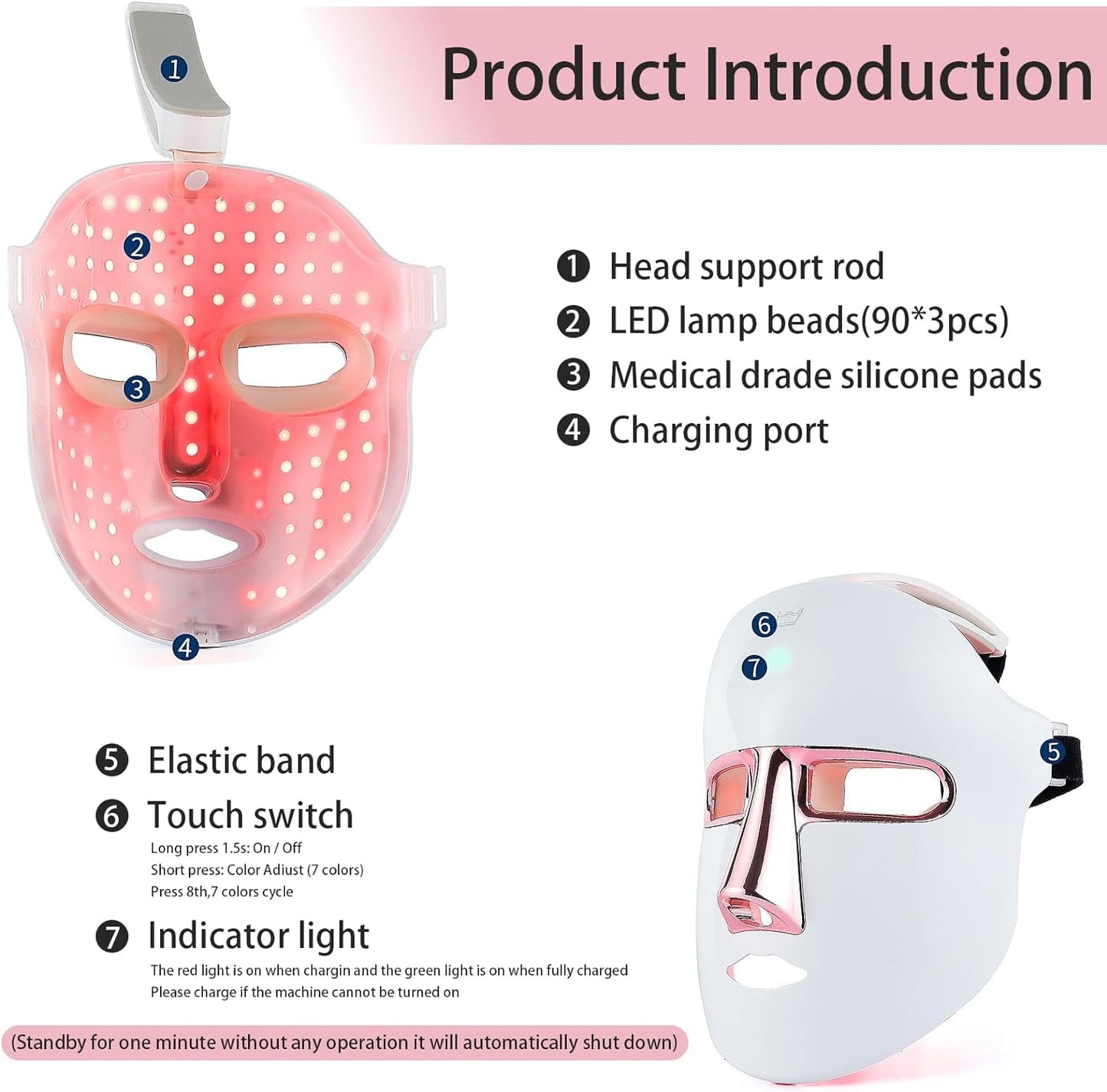 RUTAWZ LED Face Mask Light Therapy Skin Beauty Machine, 7 Color LED Light Therapy Facial Skin Care Mask, Face Mask for Removal Wrinkle Anti Aging Anti-Acne with Face