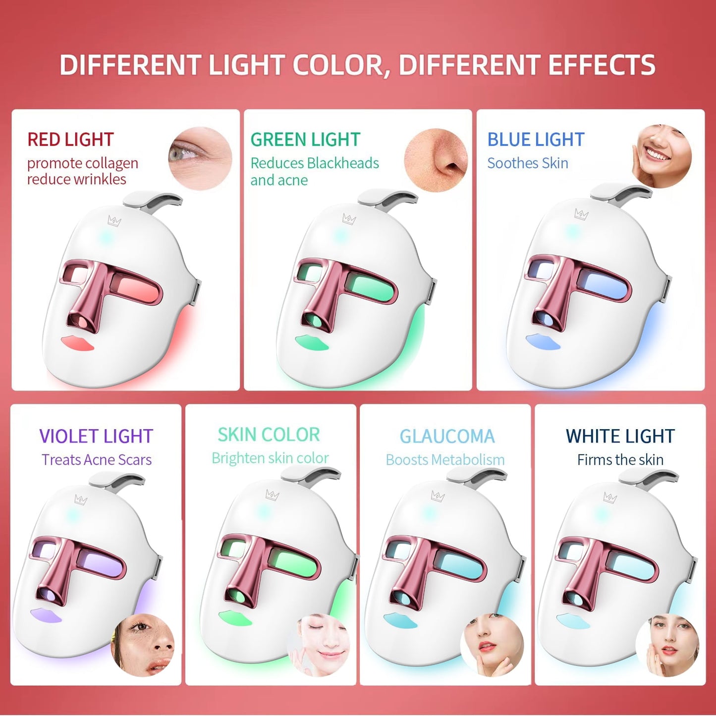 RUTAWZ LED Face Mask Light Therapy Skin Beauty Machine, 7 Color LED Light Therapy Facial Skin Care Mask, Face Mask for Removal Wrinkle Anti Aging Anti-Acne with Face