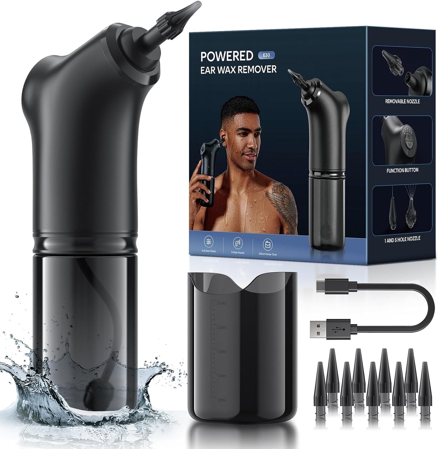 Ear Wax Removal, Electric Ear Wax Removal Kit, Ear Cleaning Kit with 4 Pressure Modes, Basin & 10 Tips,Safe & Effective for Ear Wax for Kids, Men and Women, Family Use