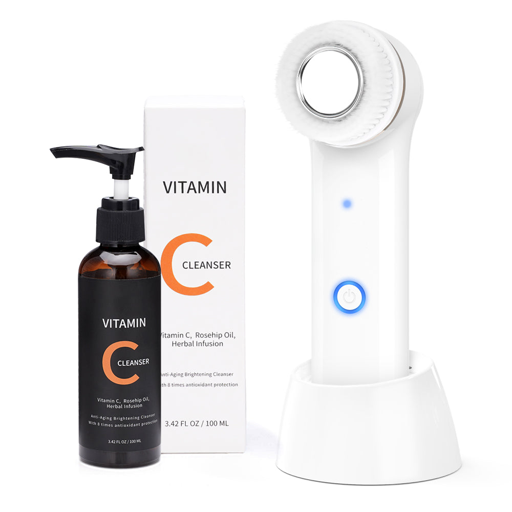 Portable Electric Facial Cleansing Brush+ Vitamin C Brightening Cleanser Set - Suerbeaty