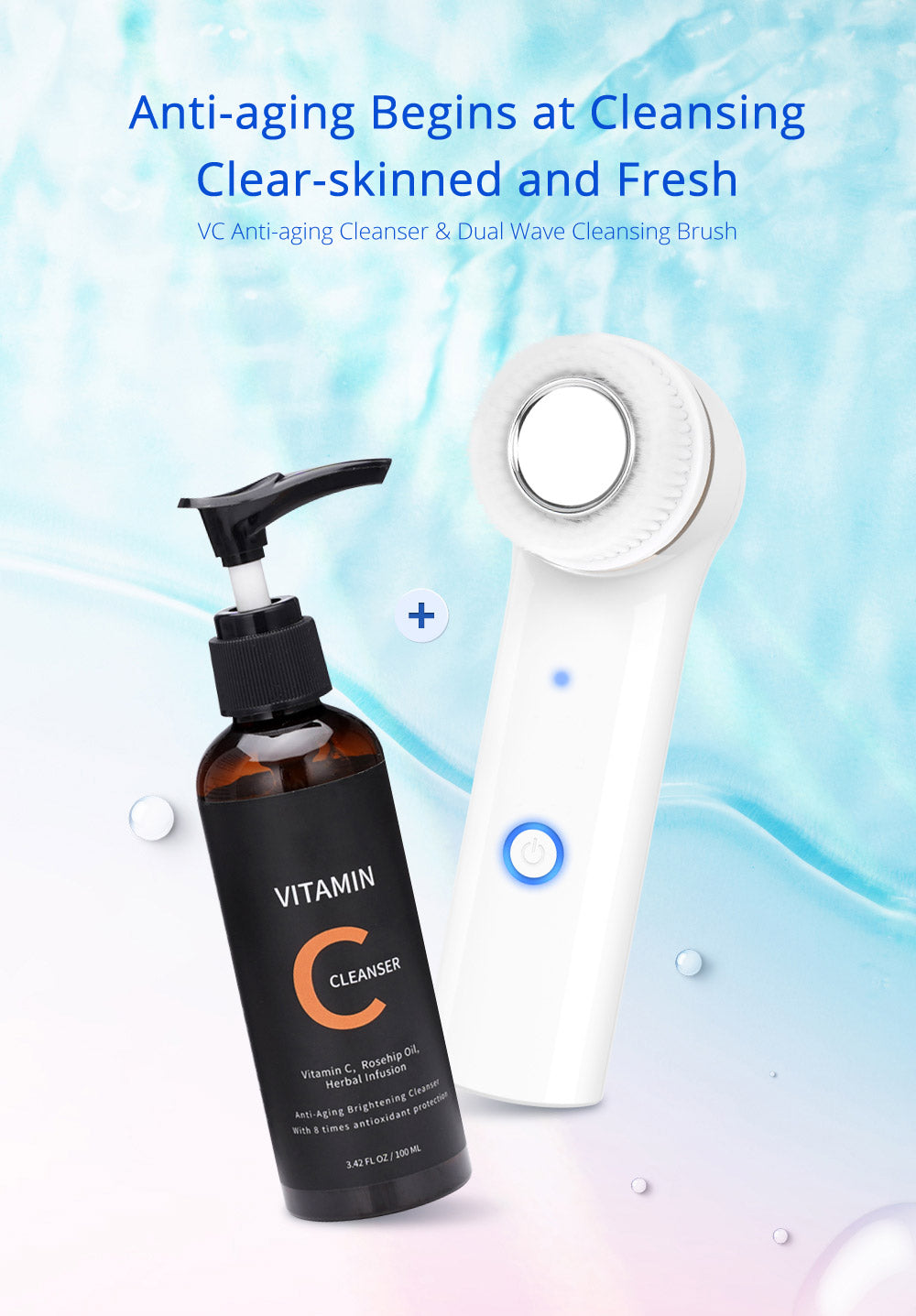 Portable Electric Facial Cleansing Brush+ Vitamin C Brightening Cleanser Set - Suerbeaty