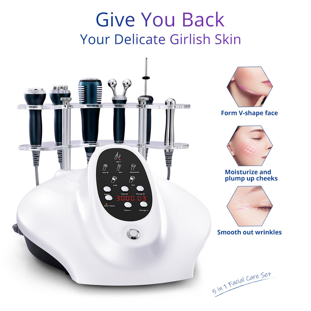 5IN1 Ultrasonic Radio Frequency Galvanic Microcurrent Therapy V Face Cold Hammer Face Lifting Device - Suerbeaty