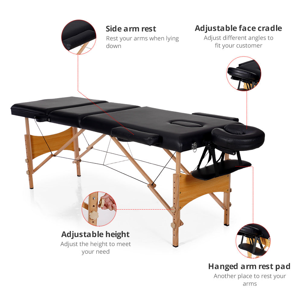 Massage Table 3 Fold Adjustable Portable Facial Spa Salon Bed Tattoo Black *OT-bed3 - Suerbeaty